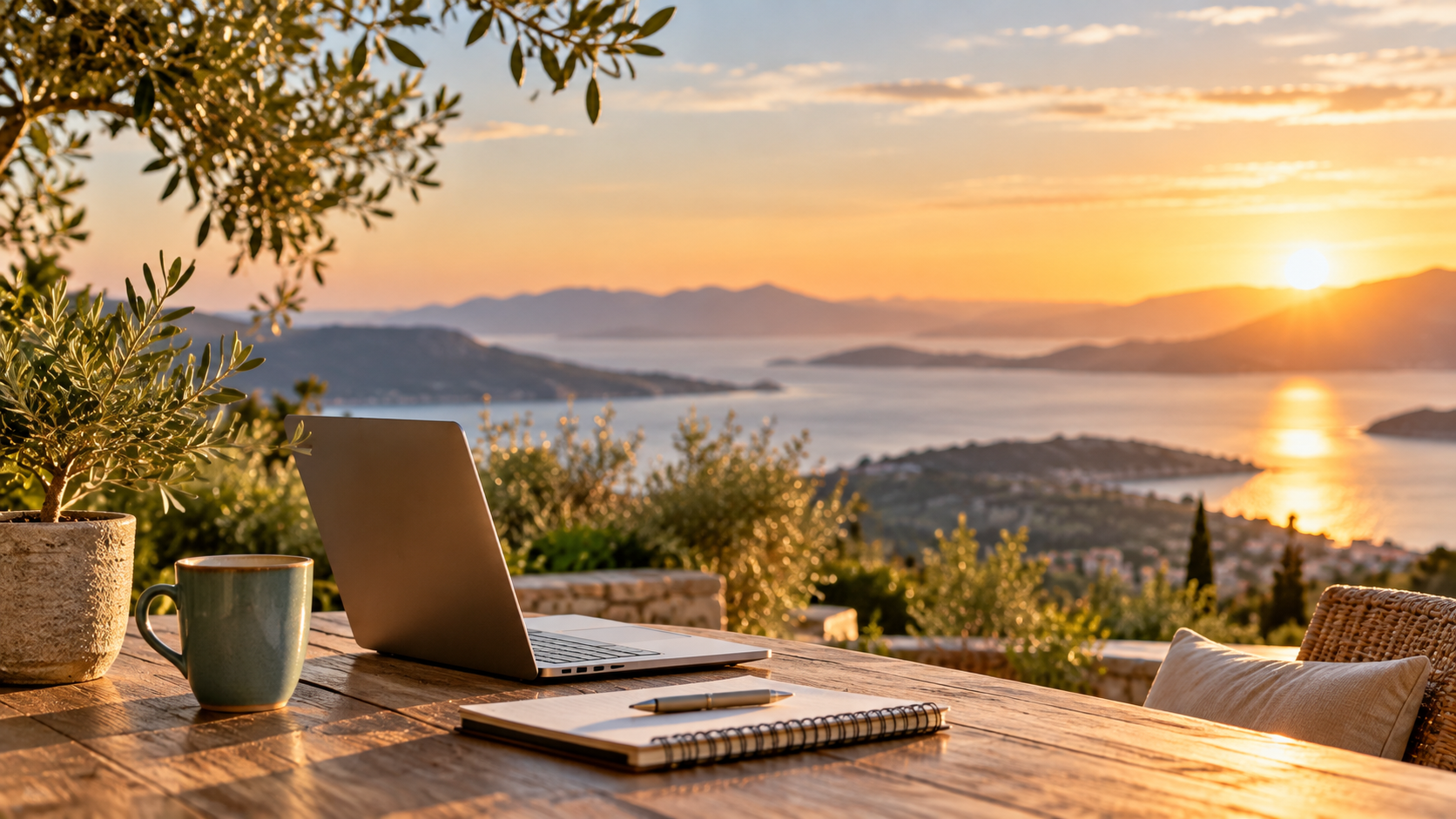 Ortsunabhängiges Arbeiten mit Laptop und Meerblick